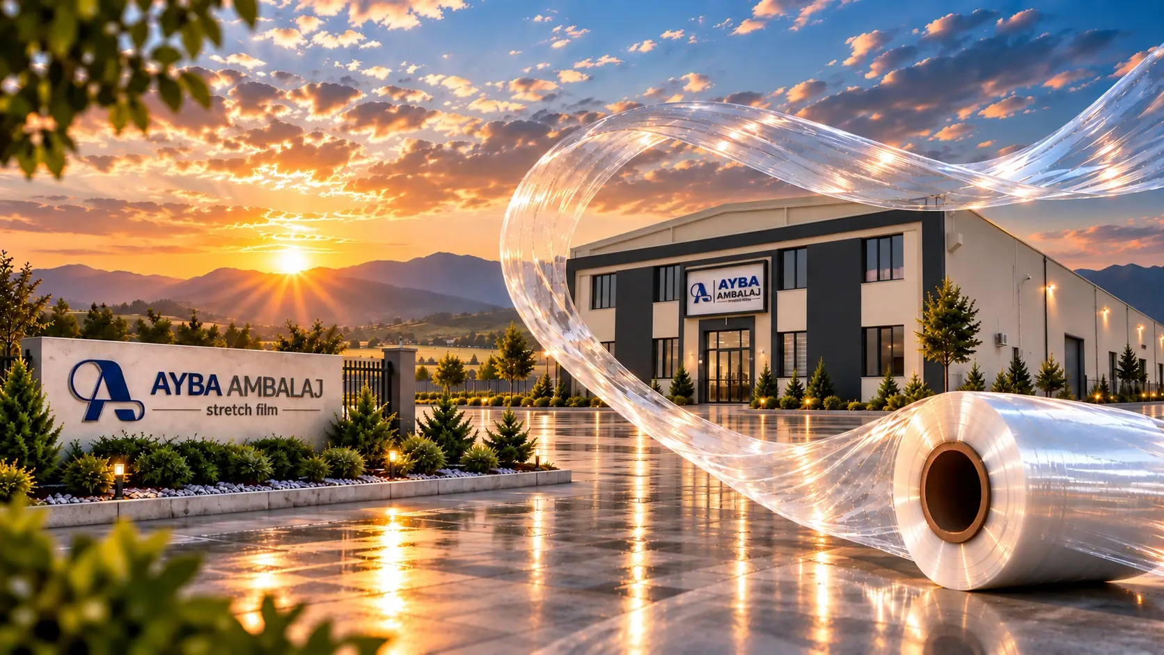 AYBA Ambalaj fabrikası önünde gün batımında dev streç film rulosu