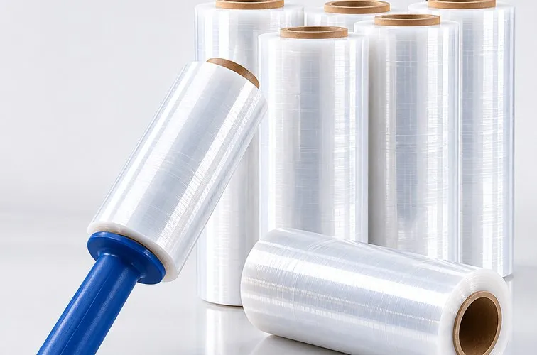 Mavi plastik tutamaçlı el tipi streç film rulosu