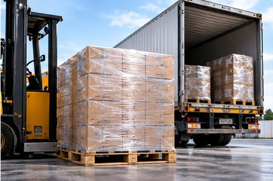 Forklift ile tırdan streç filmli paletlerin indirilmesi